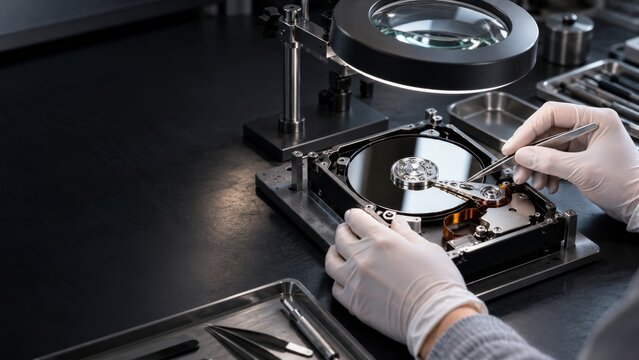 Specialist Examining an Open Hard Drive beneath a Precision Magnifier