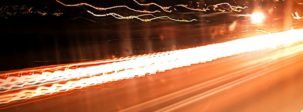 Blurred vehicles creating glowing red and white light trails on a dark wet road at night, captured with long exposure technique.