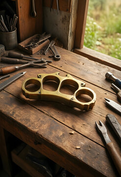 Brass knuckles on a rustic wooden workbench, weapon and violence concept, metalworking and craftsmanship in a workshop with vintage hand tools