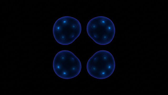青く発光する4つの副甲状腺カプセルが暗視野に並ぶ医療科学の抽象CG背景
