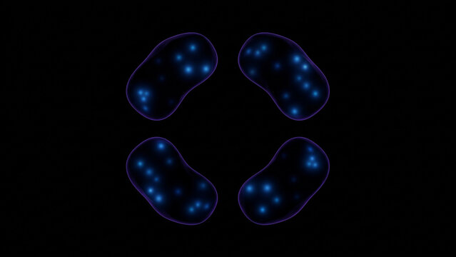 青く発光する4つの副甲状腺カプセルが暗視野に並ぶ医療科学の抽象CG背景