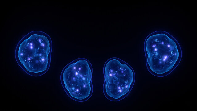 青く発光する4つの副甲状腺カプセルが暗視野に並ぶ医療科学の抽象CG背景