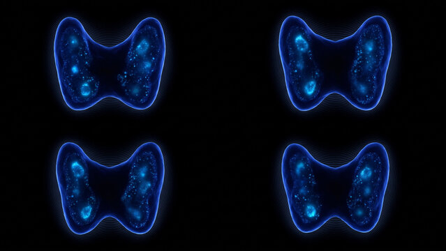 青く発光する4つの副甲状腺カプセルが暗視野に並ぶ医療科学の抽象CG背景