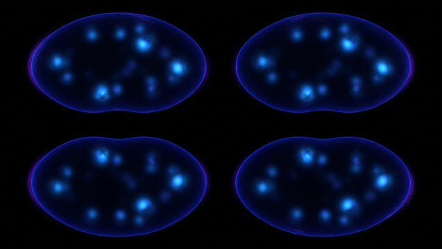 青く発光する4つの副甲状腺カプセルが暗視野に並ぶ医療科学の抽象CG背景