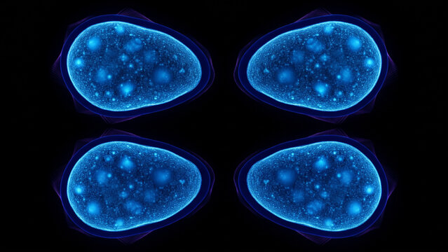 青く発光する4つの副甲状腺カプセルが暗視野に並ぶ医療科学の抽象CG背景