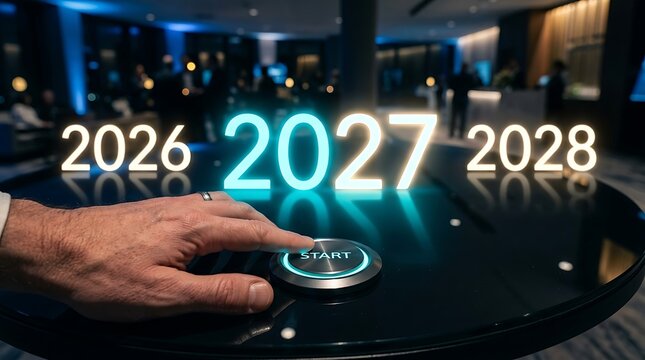 Spiritual Growth and Business Strategy for 2027 Future Concept with Hand Pressing Start Button for Success Faith and Innovation Progress