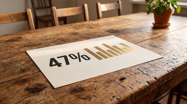 Forty seven percent statistic printed on paper with golden bar chart on rustic wooden table showing business data growth