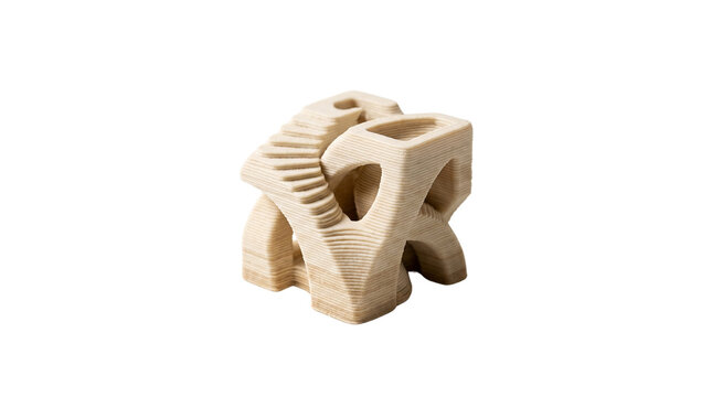 Abstract wooden impossible stairs sculpture, geometric optical illusion architectural model, modern wooden labyrinth decor structure isolated PNG with Transparent Background