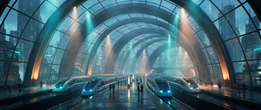 Futuristic high speed train station under glass arched roof with commuters in sustainable city