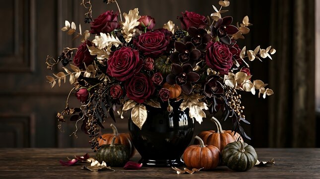Opulent gothic Halloween centerpiece with burgundy roses, dark orchids, gold oak leaves and pumpkins in black vase on rustic wood table