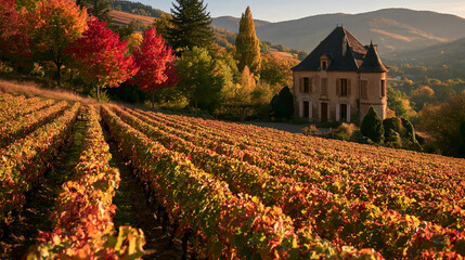Naklejka premium a picturesque vineyard scene during autumn. The main subject is a row of grapevines in full bloom, displaying vibrant red, orange, and yellow hues.