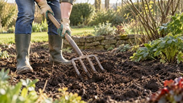 Gloved hands loosening dark soil with a wooden handled garden fork