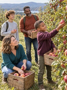 Parents and sons gathering fresh apples into wooden crates in an orchard