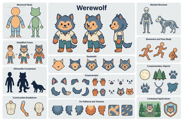 Fototapeta premium Character design sheet for a werewolf with various poses.