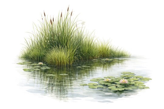Lush wetland grass and lily pads reflected on calm water