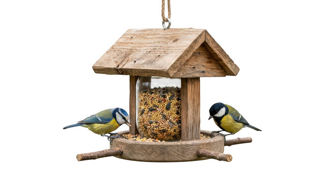 Two birds feeding on a wooden bird feeder isolated on transparent background