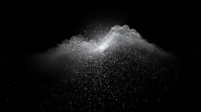 Explosive white powder cloud frozen mid air creating dramatic contrast against dark black studio background