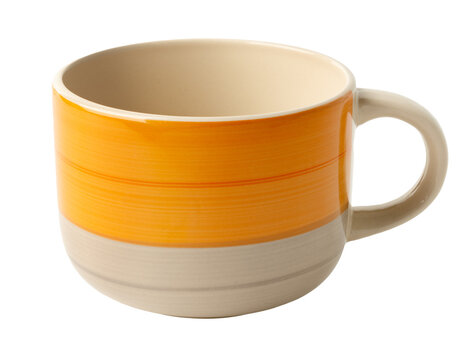Ceramic mug with orange and beige stripes placed on a white background