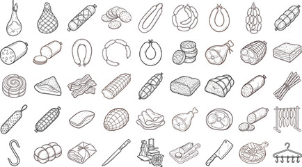 Meat delicacies sausages charcuterie and butcher shop line art vector icon set with salami ham prosciutto bacon cured meats and meat processing equipment sketch vintage engraving collection © Sohag