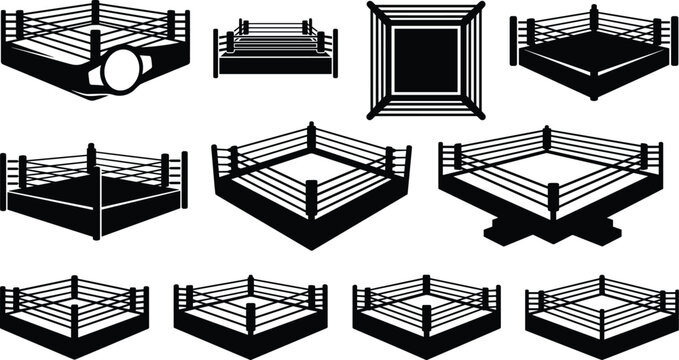 Boxing ring silhouette vector icon set featuring square arena ropes belt and combat sports wrestling platforms from different perspective views