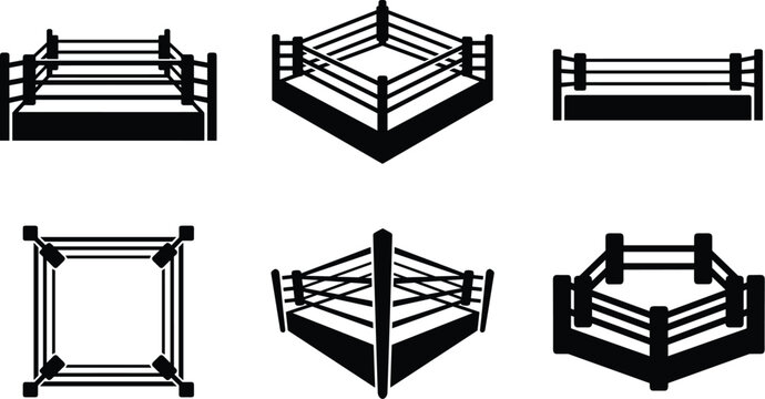 Boxing ring silhouette vector icon set featuring square cage arena and combat sports wrestling platforms isolated on white background
