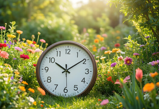 Time management and seasonal change, analog clock in a blooming spring garden with sunlight and nature growth for planning and deadline awareness