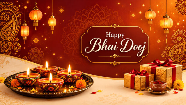 Happy bhai dooj festival with lit diya, gift box, and tea cup