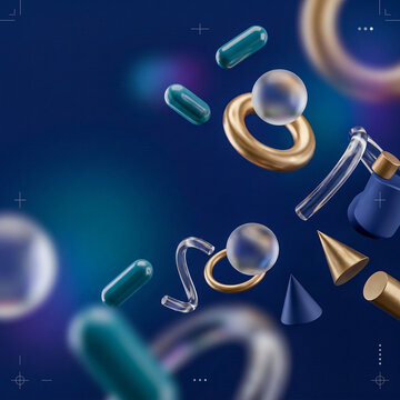 Abstract 3D background featuring floating geometric shapes including glass spheres, golden rings, cones, and capsules against a dark blue blurred bokeh space.