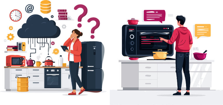 A user in a kitchen is puzzled by leaked data from an unencrypted cloud AI repository, surrounded by various icons representing security concerns