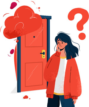A smart doorbell owner is puzzled by the exposure of recorded video archives on an unencrypted AI cloud server, depicted in a dark blue, bright red, yellow, and magenta flat vector illustration with