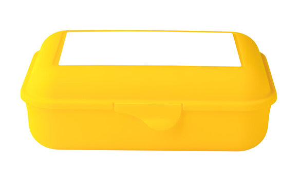 Yellow plastic storage container with removable lid on a plain background