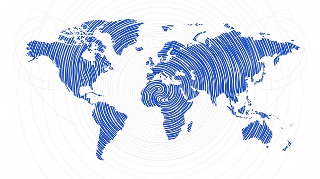 Blue hand-drawn world map illustration with artistic scribble texture