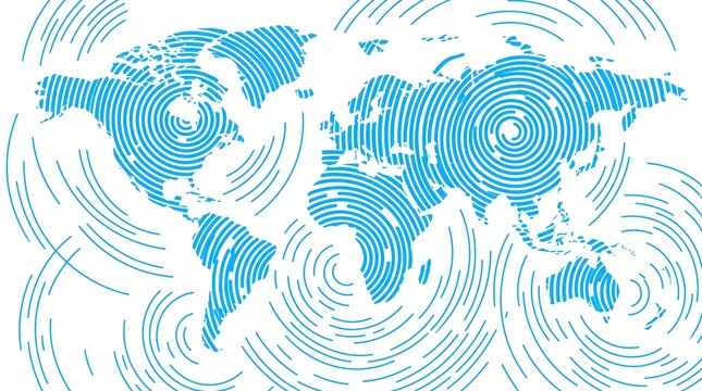 Abstract blue world map with concentric circles on a white background