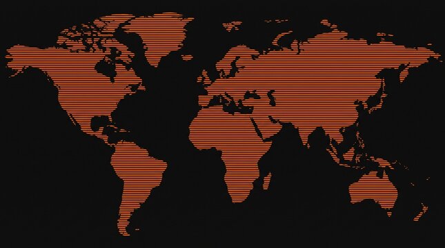 Orange world map on black background with white space for text