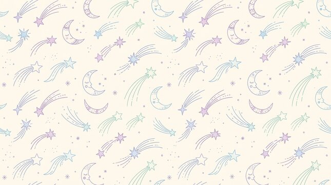 Pastel watercolor seamless pattern of smiling moons and shooting stars on a cream background