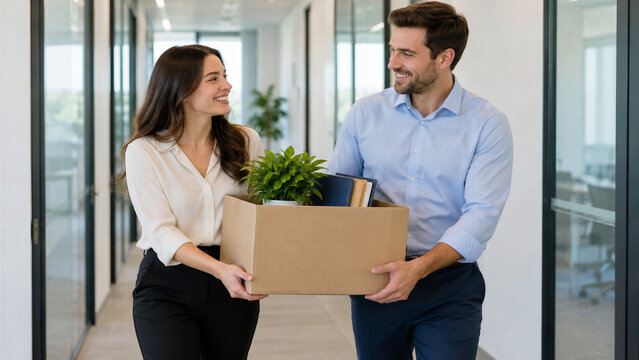 Coworkers Carrying a Box Together in an Office Hallway
