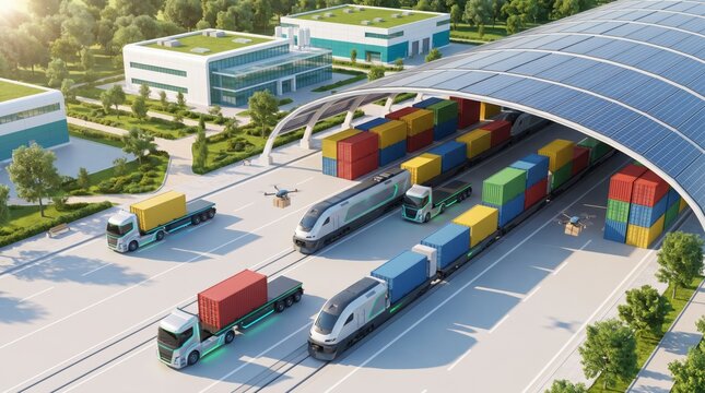 Intermodal freight hub with electric trucks, trains and drones loading containers under solar roof