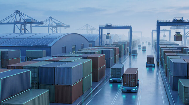 Autonomous electric container carriers moving through efficient automated port at blue hour