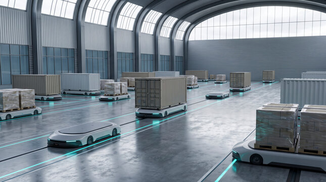 Autonomous guided vehicles carrying containers and pallets inside smart warehouse with glowing paths