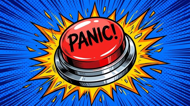 Comic style red panic button with explosion background