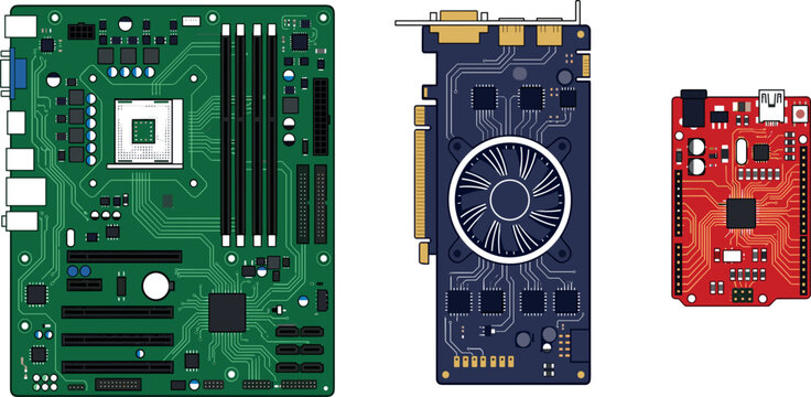 Computer hardware vector icon set containing green motherboard powerful graphics card and red microcontroller board