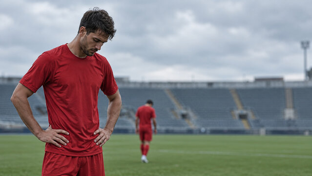 Disappointed Soccer Player in Red Jersey Standing with Hands on Hips on the Field After a Match. Concept of Defeat, Frustration, Disappointment, Exhaustion, and the Emotional Side of Competitive Footb