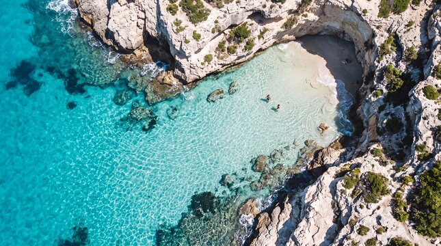 aerial top down view of swimmers in a secluded turquoise cove with sandy beach