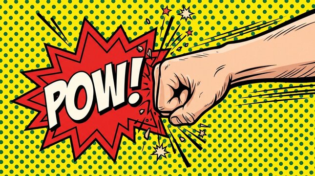 Powerful fist punch impact in retro comic book pop art style
