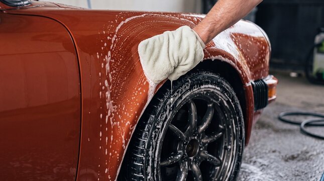 hand cleaning a metallic sports car with a soapy microfiber wash mitt