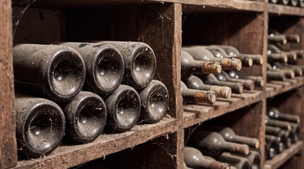 Naklejka premium dusty vintage wine bottles stored in wooden racks inside a historic cellar