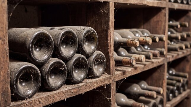 dusty vintage wine bottles stored in wooden racks inside a historic cellar