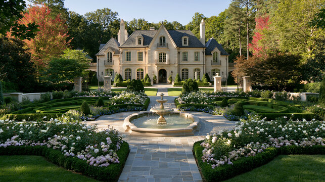 a grand, twostory mansion with a classical architectural style. The mansion features a symmetrical facade with multiple windows, a central entrance flanked by two tall chimneys.