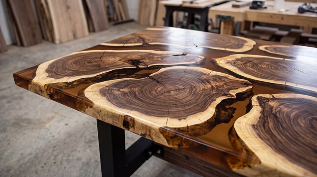 handcrafted live edge wood slab and translucent epoxy resin dining table top