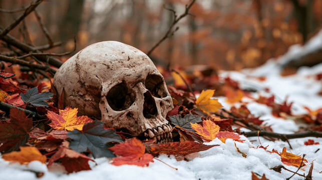 a human skull lying on a bed of fallen autumn leaves in red, orange, and yellow hues. The skull is weathered and aged, with visible signs of wear and tear. The leaves are scattered around the skull.